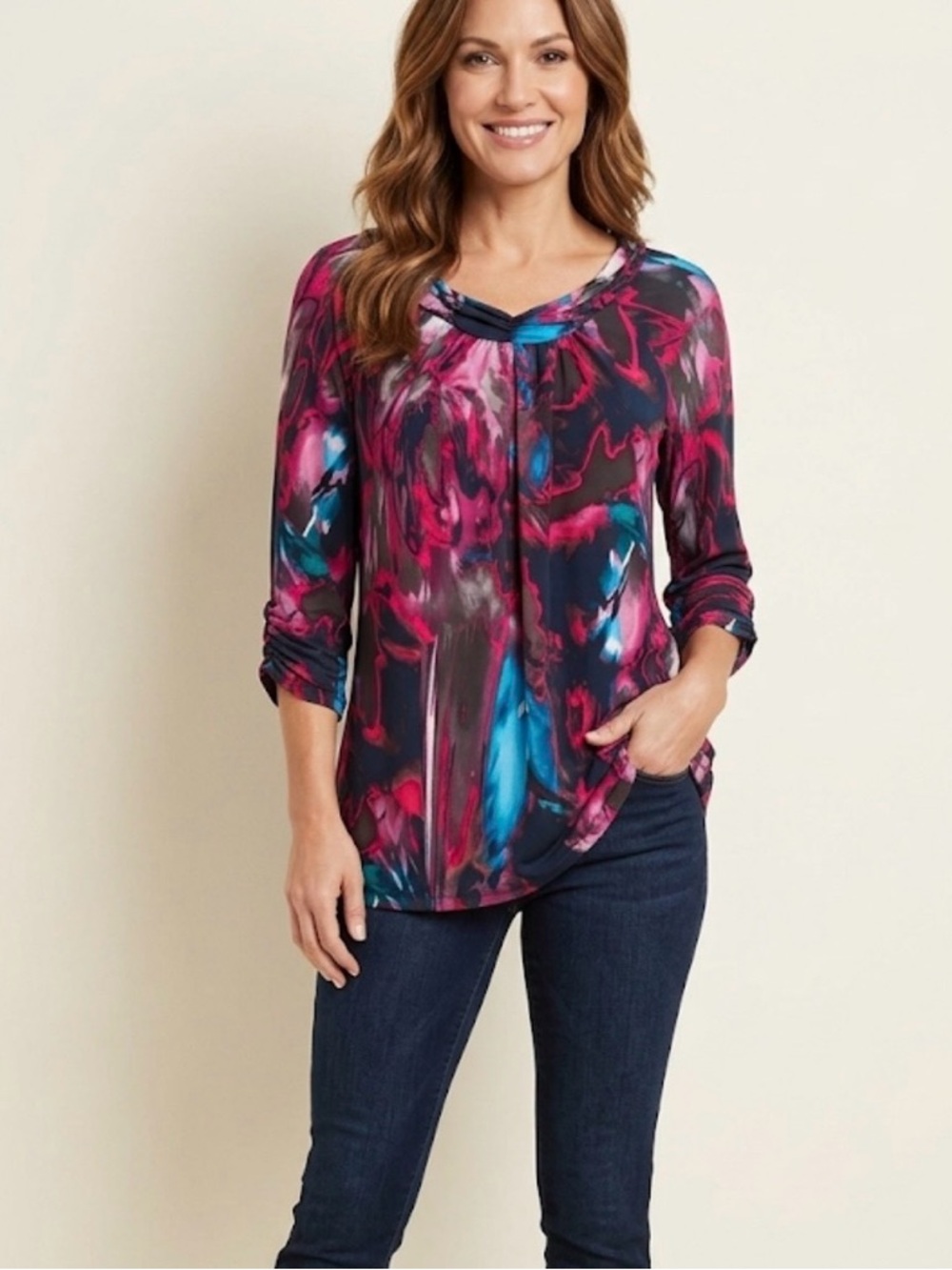 Daisy Fuentes Abstract "Cosmo" Blouse -Ruched 3/4 Sleeve. Women’s Medium